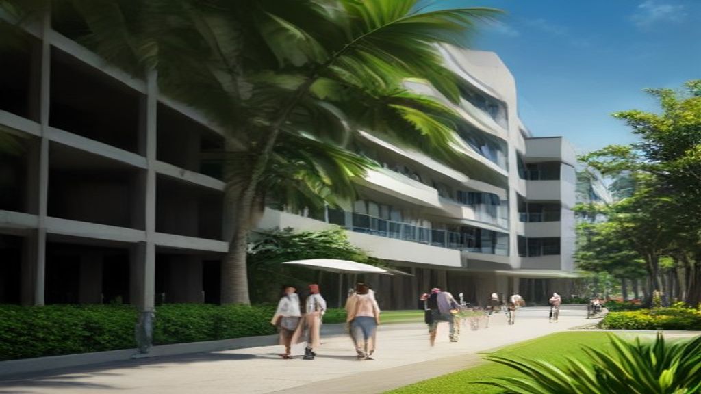 Modern glass facade and lush landscaping at Mapletree Business City in Singapore.