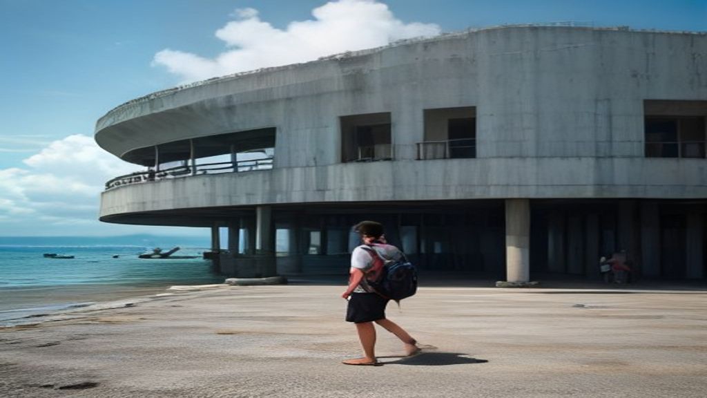 Ferry terminal building and coastal view at Sekupang in Batam, Indonesia.