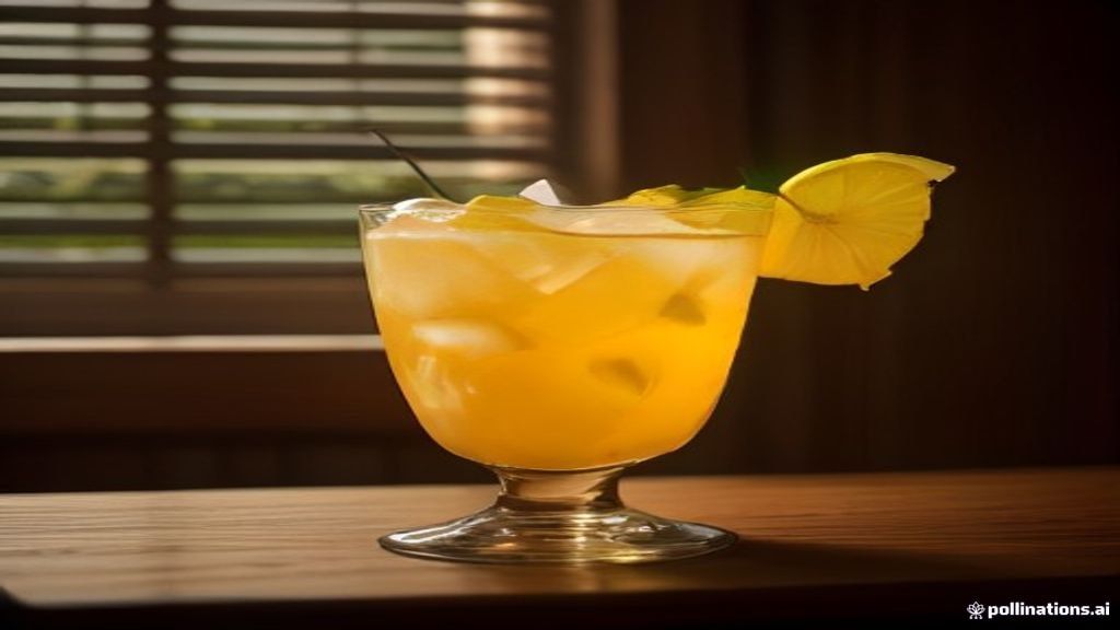A vibrant Singapore Sling cocktail garnished with a slice of pineapple and cherry on a bar counter.